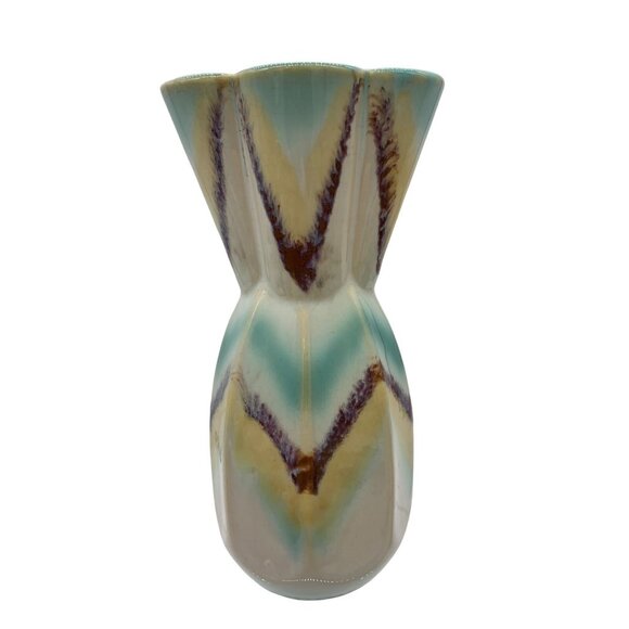 Retro Chevroned Bud Vase Gossy Ceramic Boho - Picture 1 of 13